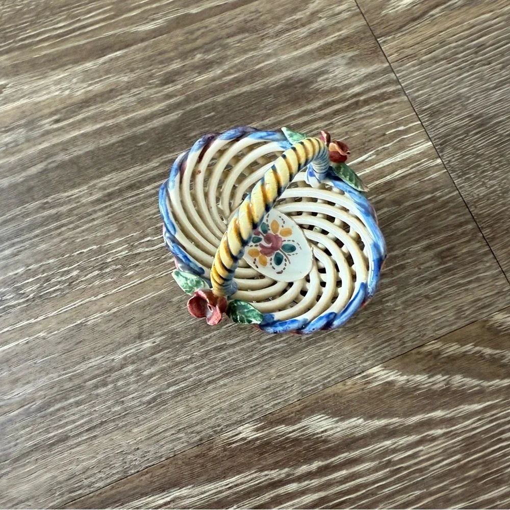 VINTAGE Handmade Multicolor Porcelain Ceramic Woven Basket Mini Made in Spain
